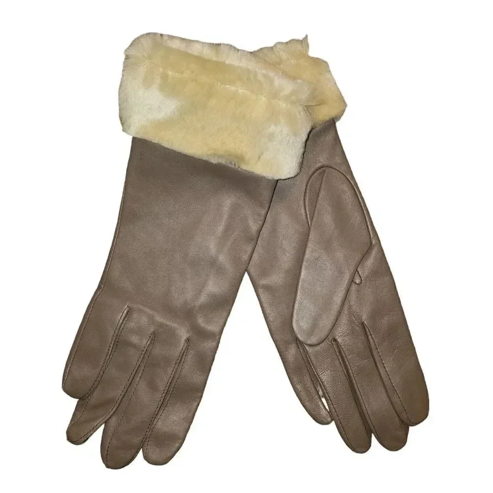 New Fownes Women Gray Genuine Leather  Fur Cuff Driving Winter Warm Glove Size 8